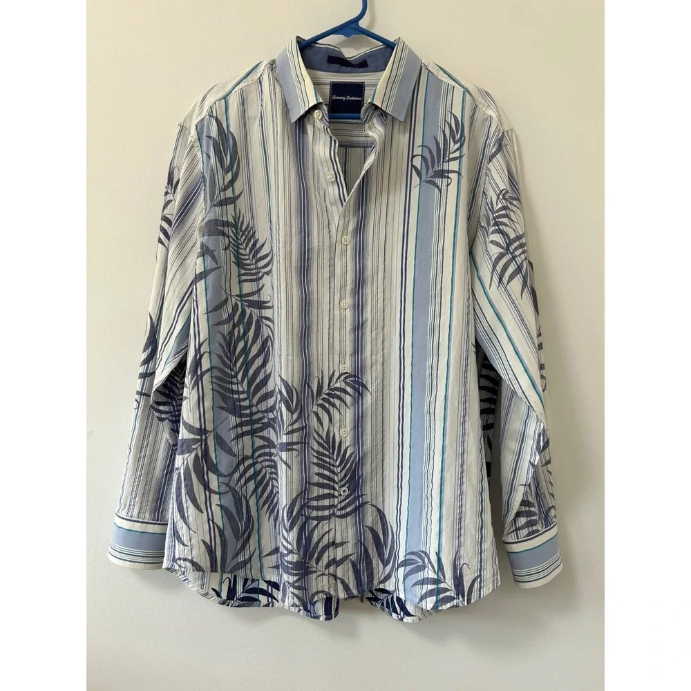 Tommy Bahama Mens Large Blue White Stripe Palm Leaf Long Sleeve Button Shirt‎
